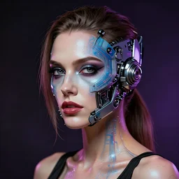 sexy beautiful woman head made of mech mask rendered in unreal engine, cyberpunk, rave by andy warchol, scifi nanowires on skin, painted by andrew wyeth | angus mckie | anton fadeev