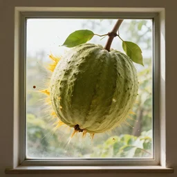 giant fruit bursting through a window