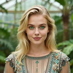 portrait photograph of an extremely beautiful!!!! young female , symmetric face!, symmetric round detailed eyes!!, slight smile, natural light, wearing a intricate dress!! Blond hair. Bright green eyes. in a tropical lush greenhouse. looking at the camera!!. super resolution. Extremely detailed. Graflex camera!, bokeh!!!!! trending on artstation.