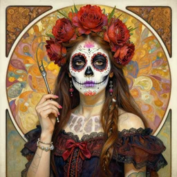 realistic detailed painting of a cute punk Día de los Muertos girl by Alphonse Mucha Egon Schiele Ayami Kojima Amano Charlie Bowater, masterpiece