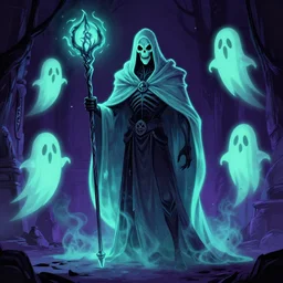 ghostly necromancer, full body character with staff in hand, ghost cape, neon color, creepy, skeleton and ghosts next door. Renowned character illustration by greg rutkowski. Trending on artstation _n4