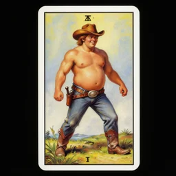 an ethereal tarot card painting of a shirtless cowboy with a chubby build and belly | wide stance and smirking face | background is a serene campfire | tin cans and jugs of whisky | tarot card, art deco, art nouveau | by Mark Maggiori | trending on artstation