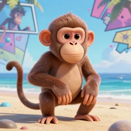 monkey in the Beach, mattepainting concept Blizzard pixar maya engine on stylized background splash comics global illumination lighting artstation lois van baarle, ilya kuvshinov, rossdraws