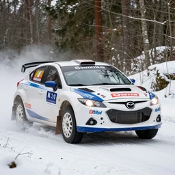 a 2 0 0 5 mazda axela sport 2 3 s, racing through a rally stage in a snowy forest