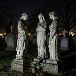 photograph of a cementery at night, scultures, graves