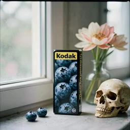kodak portra 4 0 0, blueberry, 1 9 2 0 s style, long shot, photo of flower and skull near by a window a room with concrete walls, tiny gaussian blur, depth of field