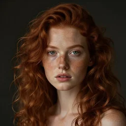 a photo portrait of a beautiful red girl with curls and lots of freckles, dramatic light , Rembrandt lighting scheme, photorealistic, art photography in style of Aleksandr Vinogradov , sigma art 85 mm f 1.4, dark background , high quality, high detail, flickr,8k.
