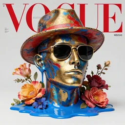 a head made out of melting metal, it is of blue and golden and red color, it is wearing sunglasses and a hat, there are flowers all around it, blue paint melting, vogue cover style, greg rutkowski style, vincent di fate style, quetzalcoatl style, basquiat style