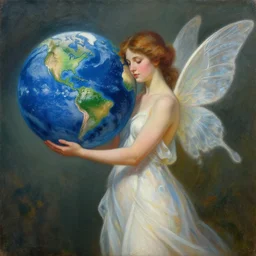 painting of a nymph holding the planet earth