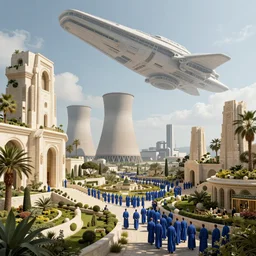 verdant Mediterranean garden city based on the design of carlo scarpa in a megacity made of travertine temples, a crowd wearing blue robes in the foreground, nuclear power station in the distance, massive aztec starship in the sky, sci-fi, light blue sky with clouds, optimistic matte painting, style by syd mead, 8k, octane render, photorealistic, hyperrealism