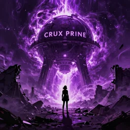 one small female silhouette standing in the ruins of crux prime, purple fiery maelstrom in the distance, digital art, artstationhq
