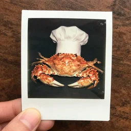 old polaroid photo of a crab wearing a chef hat, photorealistic