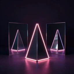 a neon pyramid standing between two square mirrors stand parallel to each other refracting each other recursively in an empty dark room, 4 k