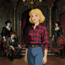 a woman searching a haunted mansion, blonde, plaid shirt, jeans, horror, film still, finely detailed features, baroque, digital painting, studio ghibli, tankobon, painted by ilya kuvshinov and krenz cushart and william - adolphe bouguereau and alphonse mucha