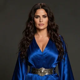 portrait of salma hayek as a beautiful sorceress wearing a satin blue robe and metal belt, photorealistic, highly detailed, mysterious lighting, artstation, smooth, sharp focus, art by michael whelan, artgerm, greg rutkowski and luis royo