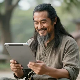 a photo of tai warlord think to write something on his tablet in his hand. he is smiling with his ideas