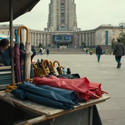 close view of a market stall. folded umbrellas on the stall. set in a square. background of an old soviet monument. storyboard, scifi cyberpunk. by gabriel hardman, joe alves, chris bonura. cinematic atmosphere, detailed and intricate, perfect anatomy