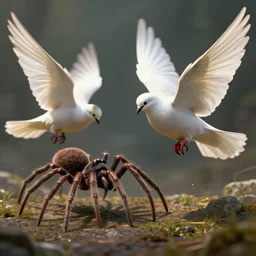 a fight between a spider and a dove. high detail. digitalart. artstation. award winning. unreal engine. unreal 5. realistic. hyper realistic. lord of rings.