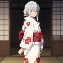 beautiful girl, silver hair, white kimono with complex red flower patterns, full body, looking to camera, showing her shoulder from back, ilustration by (((Takehiko Inoue))) ((and Krenz Cushart))