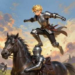 blonde knight with glasses jumping on top of another knight, fantasy, digital painting, dramatic lighting, vibrant setting, realistic shading, unreal engine 5, concept art, ultra detailed, trending artstation