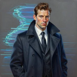 a painting of a man in a coat and tie, an ultrafine detailed painting by Kaja Foglio, cgsociety, shock art, 2d game art, quantum wavetracing, digital illustration