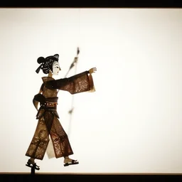 shadow puppet show on white screen of an old japanese woman climbing a steep mountain, backlit, shadows, soft shadows, sharp shadows
