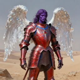 renaissance style painting of full plate armor of crimson metal with azure blue lining and ruby studded worn by harsh amethyst coloured skinned angel with glowing glass wings, magic, enchanted, intricate, crystal, background desert, dusty, soft light, 8 k, artstation trending, masterwork