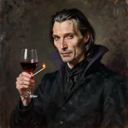 oil painting of mads mikkelsen as a vampire with long black hair, clean shaven, holding a glass of red wine and a lit match, by rembrandt,