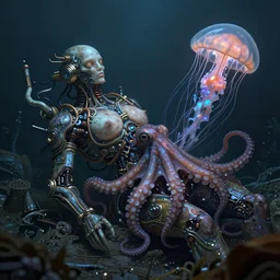 underwater photography of a biopunk human corpse in symbiosis with an octopus and a jellyfish, intricate and ornate alien technology, bioluminescence, bloom, dim rim lighting, by victor grasso and scott musgrove and h. r. giger and tooth wu, digital illustration, concept art, cg society