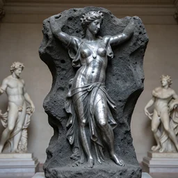 epic view of mnemosine goddess statue sculpted in volcanic rock with silver stripes, made by antonio corradini and bernini, ultrarealistic, detailed, 8 k