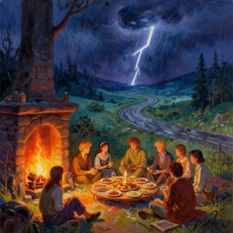 introspective meandering, trending on artstation, vibrant gouache fantasy illustration, (ExploringMemories:A waystation alongside the infinite road provides solace in a thunderstorm. A warm meal by the hearth to fortify our souls.). trending on Pixiv. trending on ArtStation. A vibrant digital oil painting. A highly detailed fantasy character illustration by Wayne Reynolds and Charles Monet and Gustave Dore and Carl Critchlow and Bram Sels