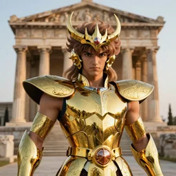 a menacing, medium close - up, studio photographic portrait of the gold saint of capricorn from saint seiya : knights of the zodiac, wearing gold armor, in the background is the old temple of athena, realistic, 4 k, photoshopped, award winning photo, 1 4 mm, sharp 1 / 2 5 0 0, deep depth of field f / 3 2, sunset photo at golden hour, light academia aesthetic, by annie leibovitz