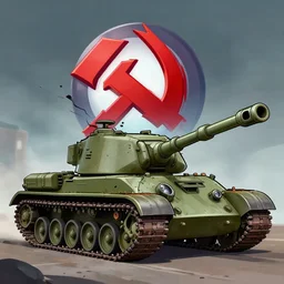 a cartoon soviet tank from ra 3 crushing the discord logo, game concept art