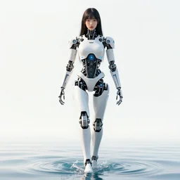 beautiful centered fine art photo portrait of hoyeon jung as a solarpunk robotic humanoid treading on water below, white mechanical parts with led lights, ultra - detailed and intricate, white background, sun lighting, soft focus, slow exposure hdr 8 k