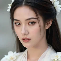 macro closeup headshot of a beautiful seductive 2 0 years old megan fox ethereal magical fairy princess wearing a white robe and flowers in her long hair in a fantasy garden, d & d, fantasy, rim light, volumetric lighting, digital painting, artstation, concept art, smooth, sharp focus, illustration, art by arney freytag, glamour pose, greg rutkowski, maxfield parrish and alphonse mucha, sunrise, new art nouveau, soft ambient lighting, particle effects