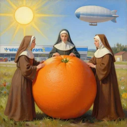 three medieval nuns surrounding giant orange. in the background we see a walmart. the sun is shining and there is a blimp in the sky ; oil painting in medieval style