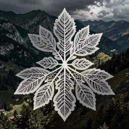 alpine landscape, made of intricate decorative lace leaf skeleton, shot from a drone, in the style of the dutch masters and gregory crewdson, dark and moody