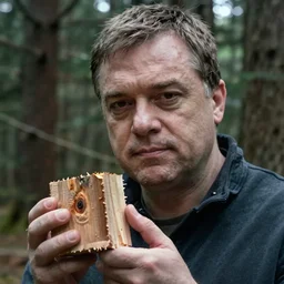 viktor orban in a forest, holding a wood piece, highly detailed face, film still of blade runner