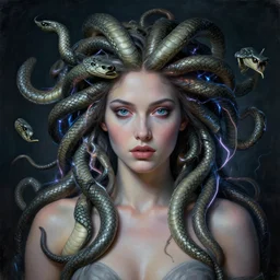 hyper realistic portrait of medusa, classic painting, cyberpunk, electric snakes for hair, real photograph, canon eos 5 0 0 d