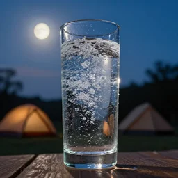 [ a tall cup of sparkling water ], tall cup of ( water and shiny crystals ), highly detailed, dusk, moon light, campsite, hdr, backlit, ( dramatic angle ) 8 k f 5 2 0 mm