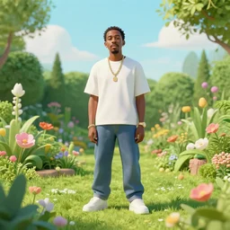 A photo of Tyler the Creator in the middle of a garden, 8K concept art, dreamy, garden, bushes, flowers, golden hour, vintage camera, detailed, UHD realistic faces, award winning photography, cinematic lighting