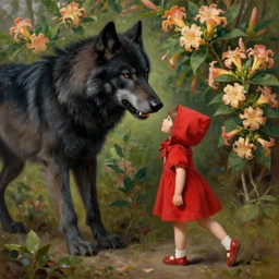 oil painting of little red righting hood being attacked by giant black wolf, background is brugmansia suaveolens flowers