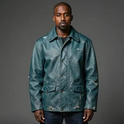an award - winning photo of a ancient male model wearing a plain baggy teal distressed medieval designer menswear leather jacket slightly inspired by medieval armour designed by kanye west, 4 k, studio lighting, wide angle lens
