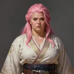 painted portrait of rugged thick roided beautiful female weightlifter [ zarya ], pink hair, upper body, robe fantasy intricate elegant highly detailed digital painting, artstation, concept art, smooth, atmospheric lighting sharp focus illustration art by craig mullins greg rutkowski