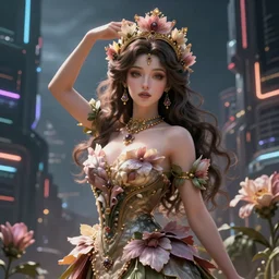 Beautiful 3d render portrait of the flower queen in a sensual pose, in the style of Dan Mumford, with a futuristic cyberpunk city in the background.