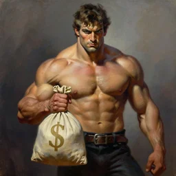 A muscular male holding a money bag, oil on canvas by Frank Frazetta, digital art, Mandy Jurgens, WLOP, CGSociety
