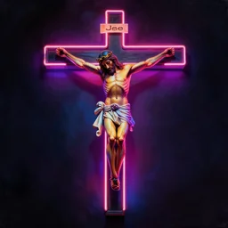 highly detailed jesus christ crucified on neon cross, octan render, shadows, reflections, digital painting, realistic, neon lights, dark background, vibrant colors