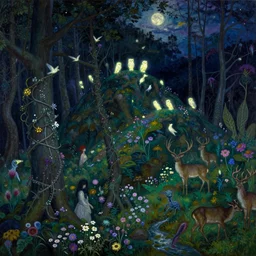 painterly dreamy dark midnight hill in the forest with trees, flowers, birds, glowing owls, deers, barely seen women, lianas, thistles, fantasy creatures, a stream and sky with moon and stars by Mikhail Vrubel, Aron Wiesenfeld, dark fantasy, witcher, very detailed oil painting in the alla prima style, masterpiece, 8k
