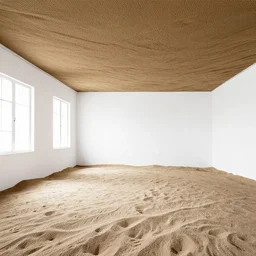 an otherwise pristine room filled half way to ceiling with sand, natural lighting through windows monochromatic rendering, vivid lines