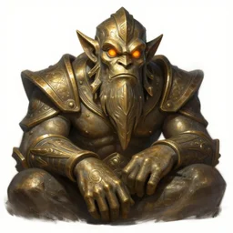 a highly detailed illustration of worn down colossal bronze giant, with big orange glowing eyes, gentle calm doting pose, intricate, elegant, highly detailed, centered, digital painting, artstation, concept art, smooth, sharp focus, league of legends concept art, WLOP